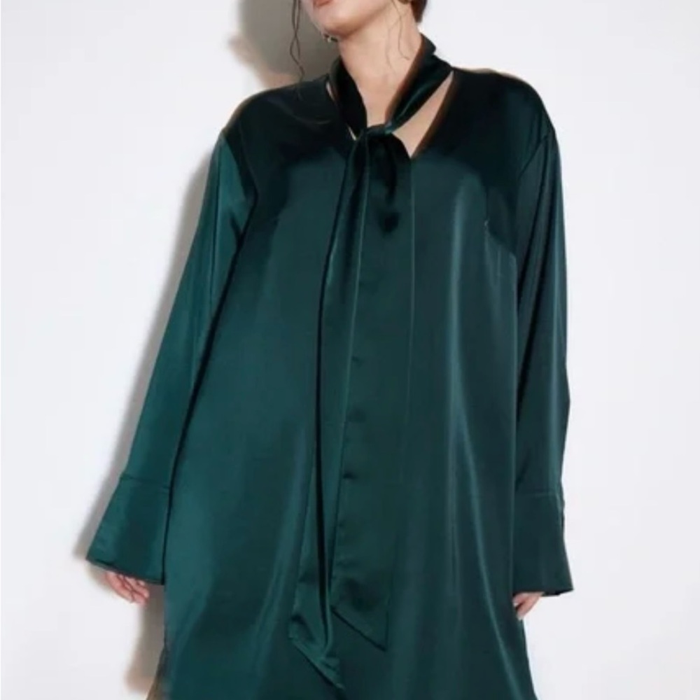 H&M Women’s Tie Elegant Relaxed Dark Green Sleek Satin Night Out Event Dress